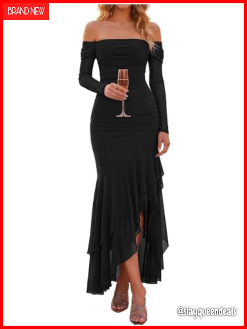 Felyra Stretch Mesh Off Shoulder Long Sleeve Formal Maxi Dress